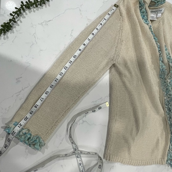 Coldwater Creek Ivory Cardigan Sweater with Blue Floral Ruffle Trim - Picture 7 of 10